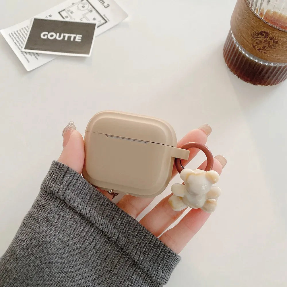 Aura Chocolate Khaki Case Soft Silicone Earphone Cover for Awith Bear Keychain