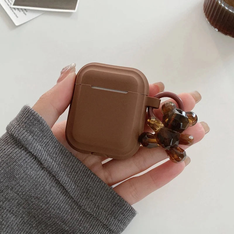 Aura Chocolate Khaki Case Soft Silicone Earphone Cover for Awith Bear Keychain