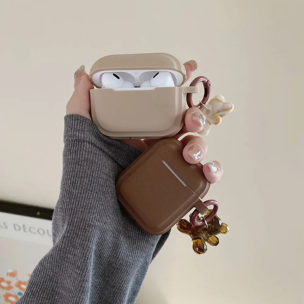 Aura Chocolate Khaki Case Soft Silicone Earphone Cover for Awith Bear Keychain