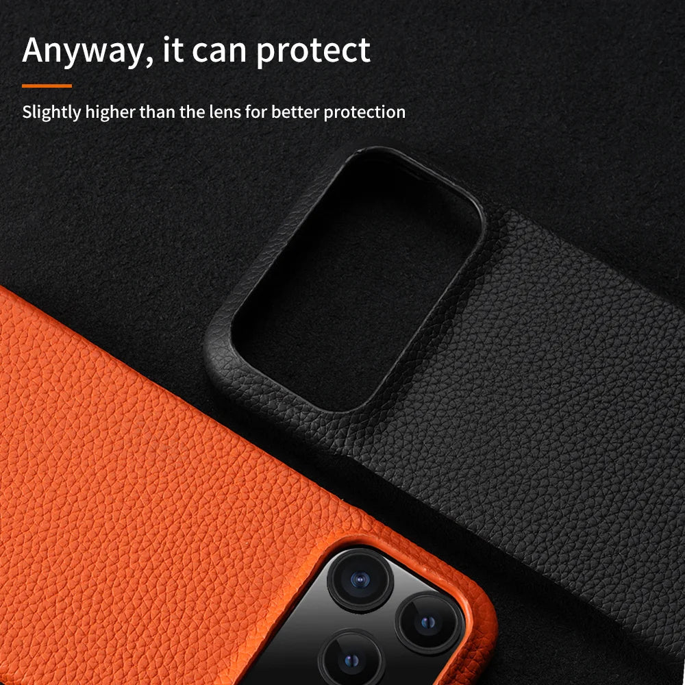 iPhone 17 Pro Max MagSafe Leather Case – Luxury Lychee Cowhide Back Cover