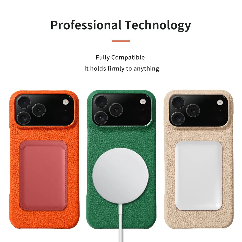 iPhone 17 Pro Max MagSafe Leather Case – Luxury Lychee Cowhide Back Cover