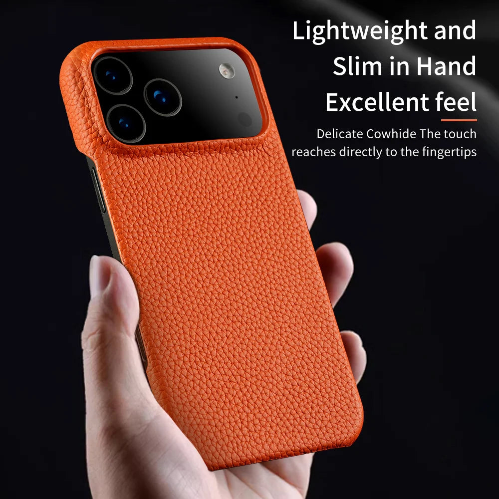iPhone 17 Pro Max MagSafe Leather Case – Luxury Lychee Cowhide Back Cover