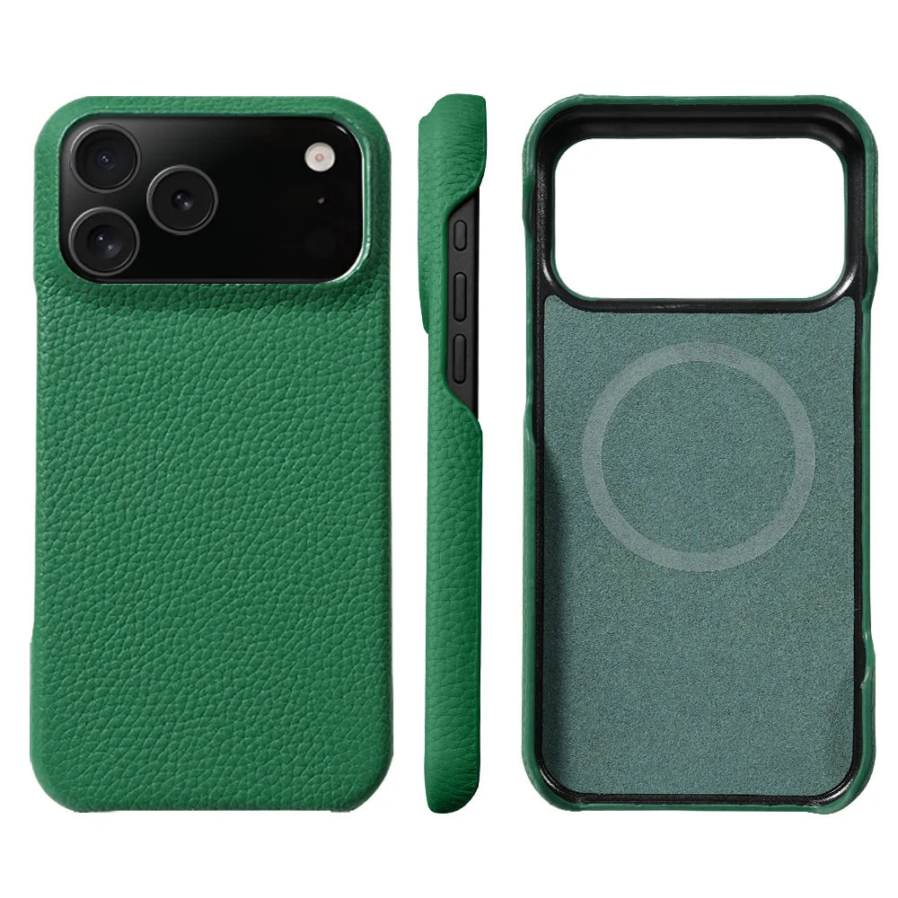 iPhone 17 Pro Max MagSafe Leather Case – Luxury Lychee Cowhide Back Cover