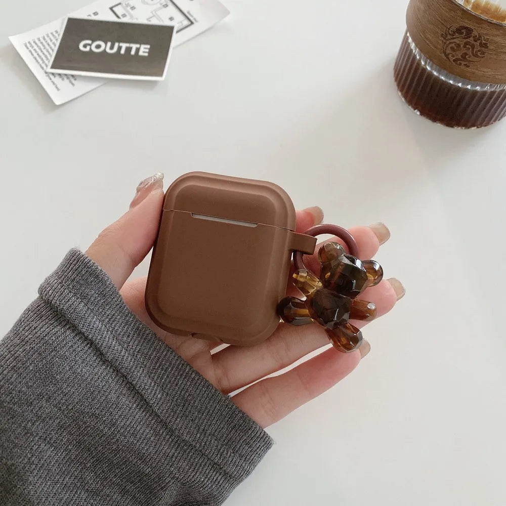 Aura Chocolate Khaki Case Soft Silicone Earphone Cover for Awith Bear Keychain