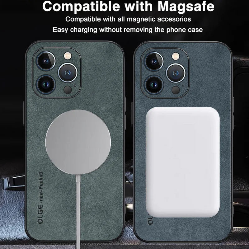 MagSafe Leather Case for iPhone 14-16 Pro Max – Luxury Wireless Charging, Shockproof Design