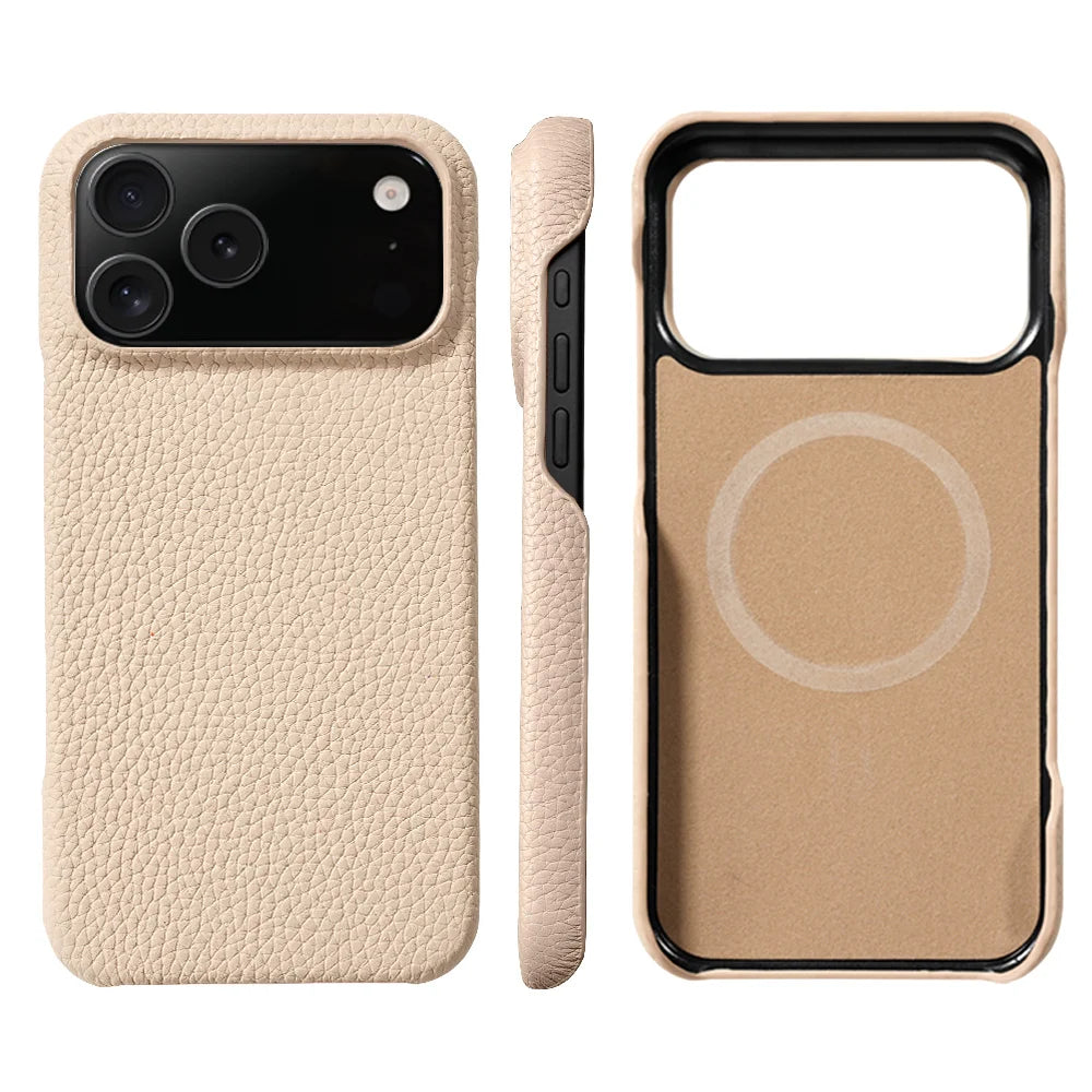 iPhone 17 Pro Max MagSafe Leather Case – Luxury Lychee Cowhide Back Cover