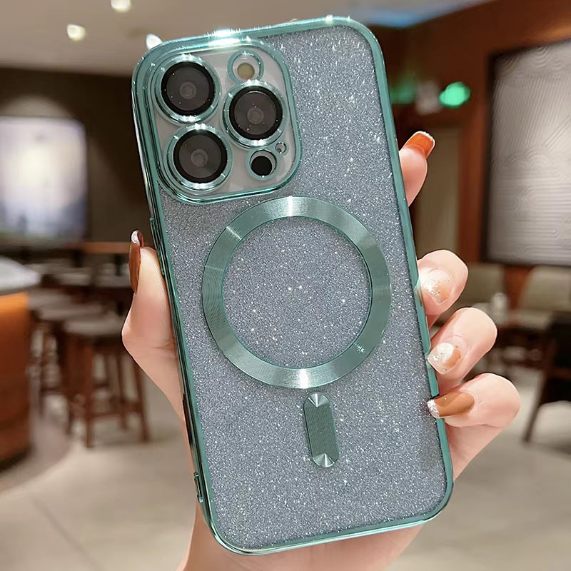 MagSafe Electroplate Lens Protector Case for iPhone 15/16 Pro Max - Wireless Charging Glitter Bumper