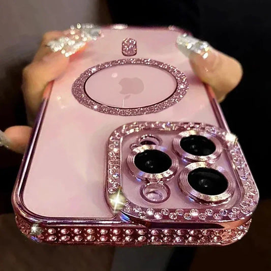 2024 New Fashion Glitter Diamond Transparent Case for iPhone 14-16 Pro Max & Plus – MagSafe Wireless Charging Back Cove