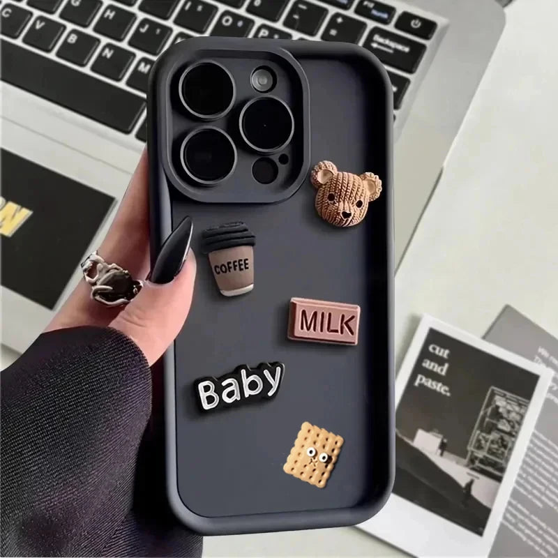 Aura Cute 3D Bear Coffee Cartoon Silicone Case For iPhone Cases Soft Matte Cover