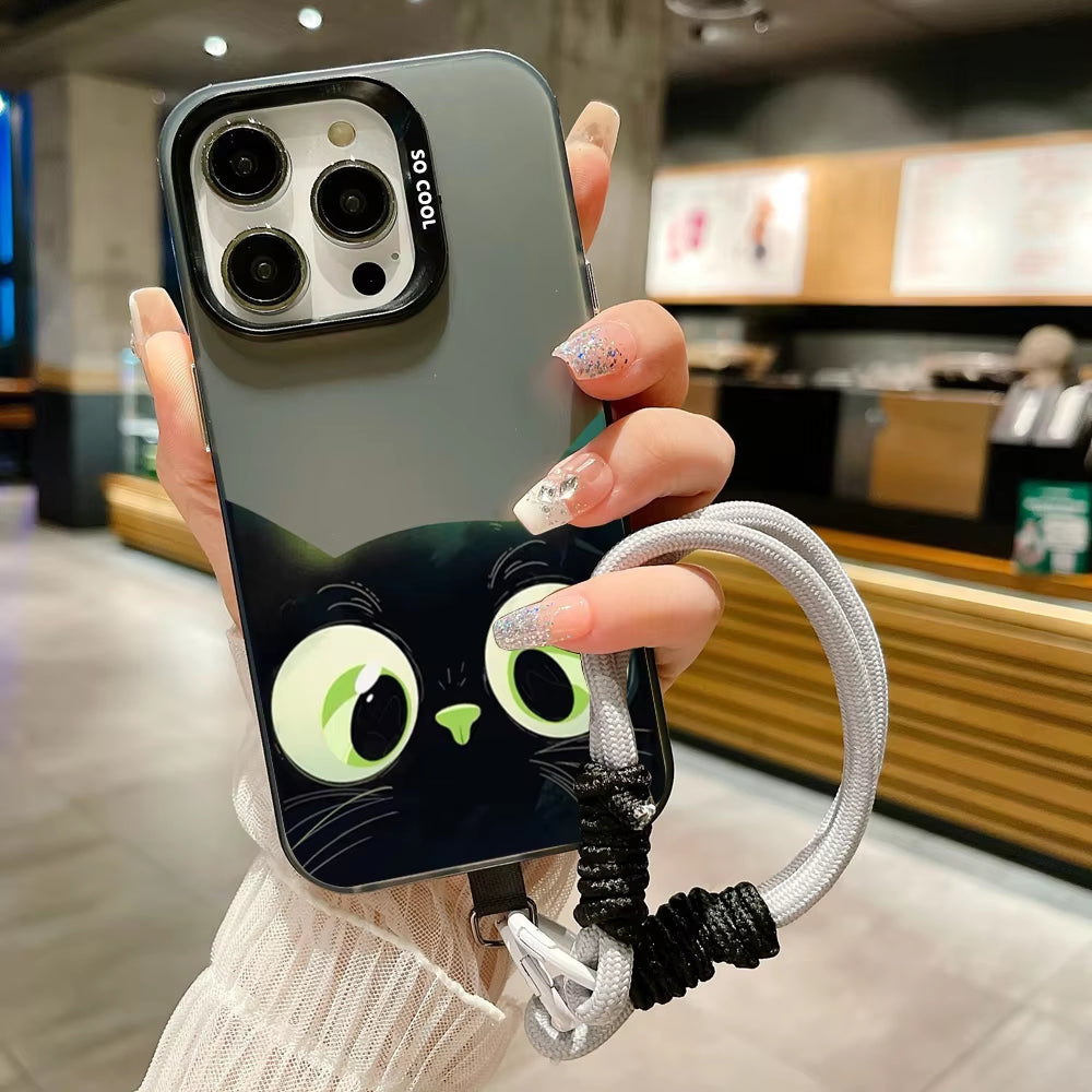 Aura Cute Cartoon Black Cat Electroplate Lanyard Strap Phone Case 