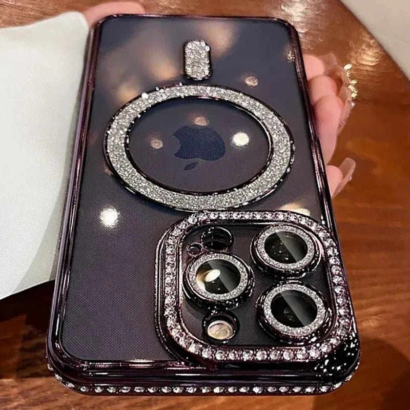 2024 New Fashion Glitter Diamond Transparent Case for iPhone 14-16 Pro Max & Plus – MagSafe Wireless Charging Back Cove
