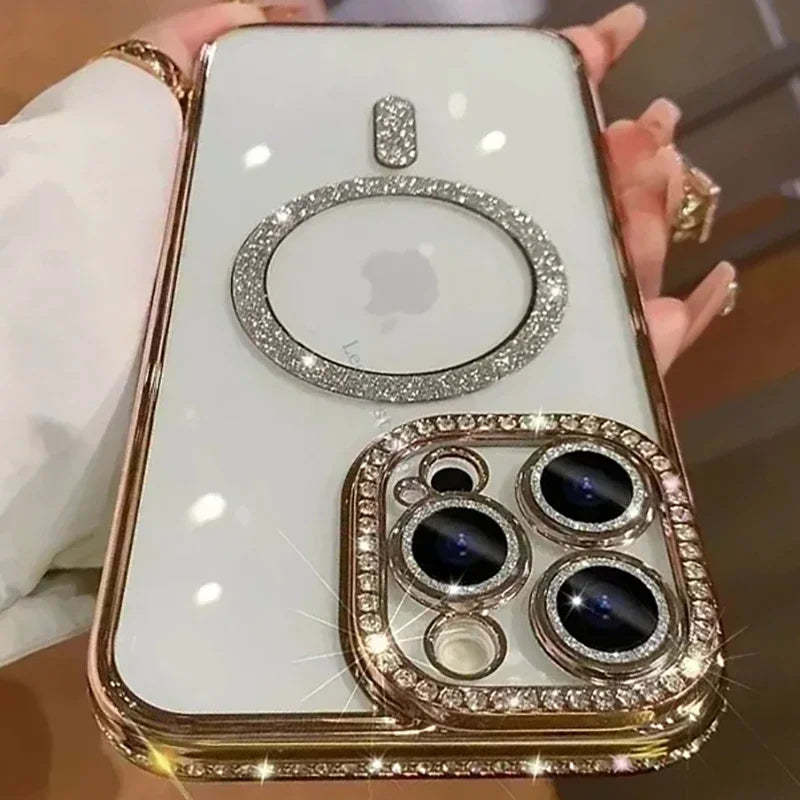 2024 New Fashion Glitter Diamond Transparent Case for iPhone 14-16 Pro Max & Plus – MagSafe Wireless Charging Back Cove