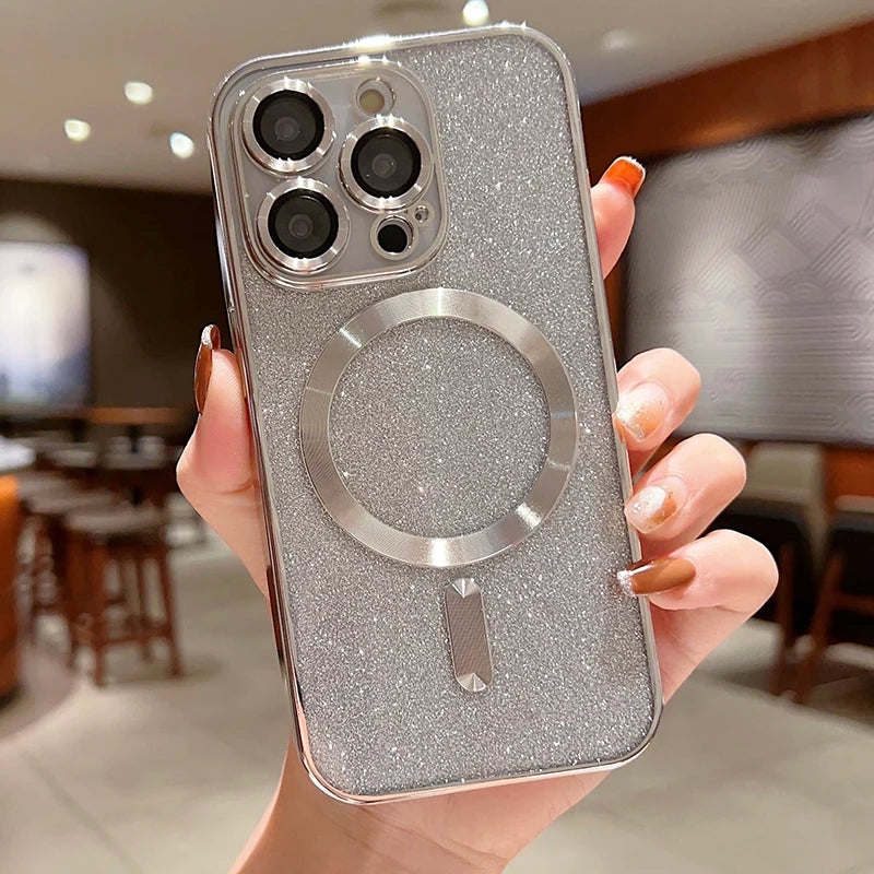 MagSafe Electroplate Lens Protector Case for iPhone 15/16 Pro Max - Wireless Charging Glitter Bumper