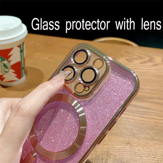 MagSafe Electroplate Lens Protector Case for iPhone 15/16 Pro Max - Wireless Charging Glitter Bumper