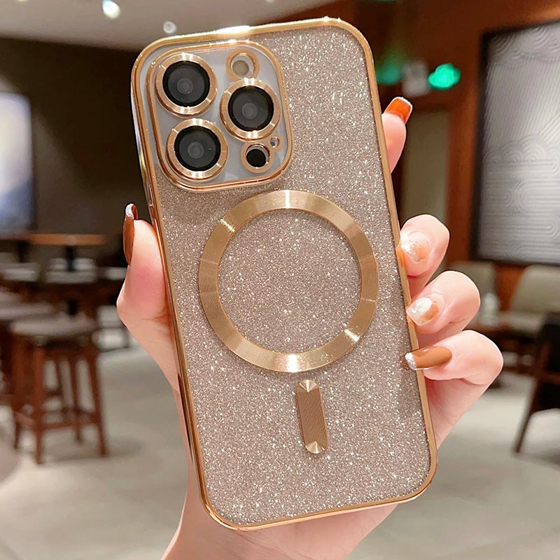 MagSafe Electroplate Lens Protector Case for iPhone 15/16 Pro Max - Wireless Charging Glitter Bumper