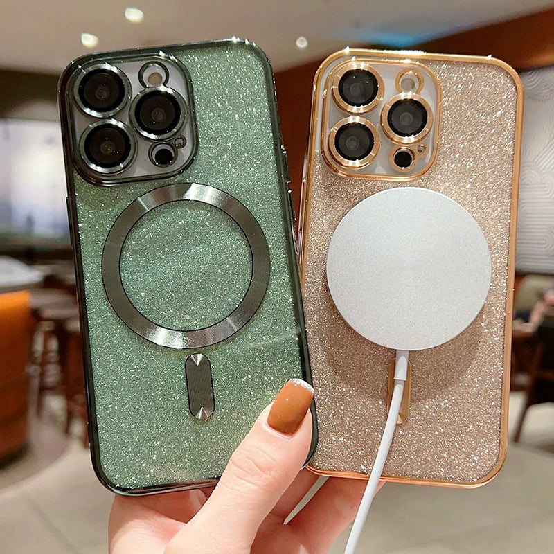 MagSafe Electroplate Lens Protector Case for iPhone 15/16 Pro Max - Wireless Charging Glitter Bumper