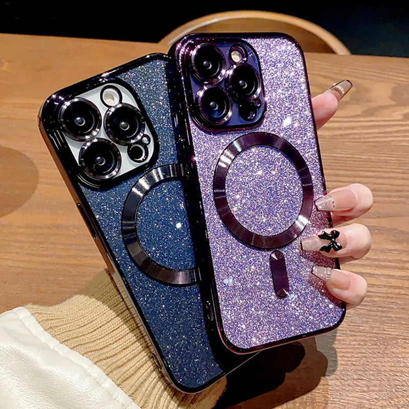 MagSafe Electroplate Lens Protector Case for iPhone 15/16 Pro Max - Wireless Charging Glitter Bumper