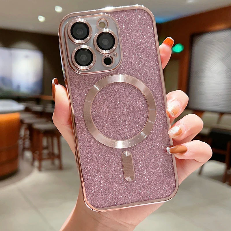 MagSafe Electroplate Lens Protector Case for iPhone 15/16 Pro Max - Wireless Charging Glitter Bumper