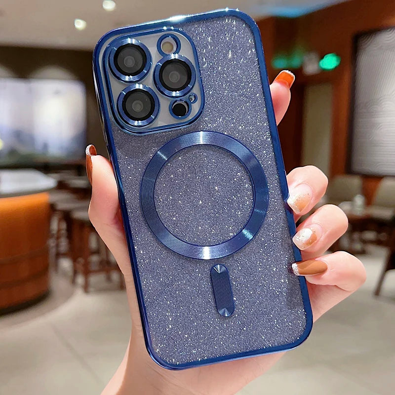 MagSafe Electroplate Lens Protector Case for iPhone 15/16 Pro Max - Wireless Charging Glitter Bumper
