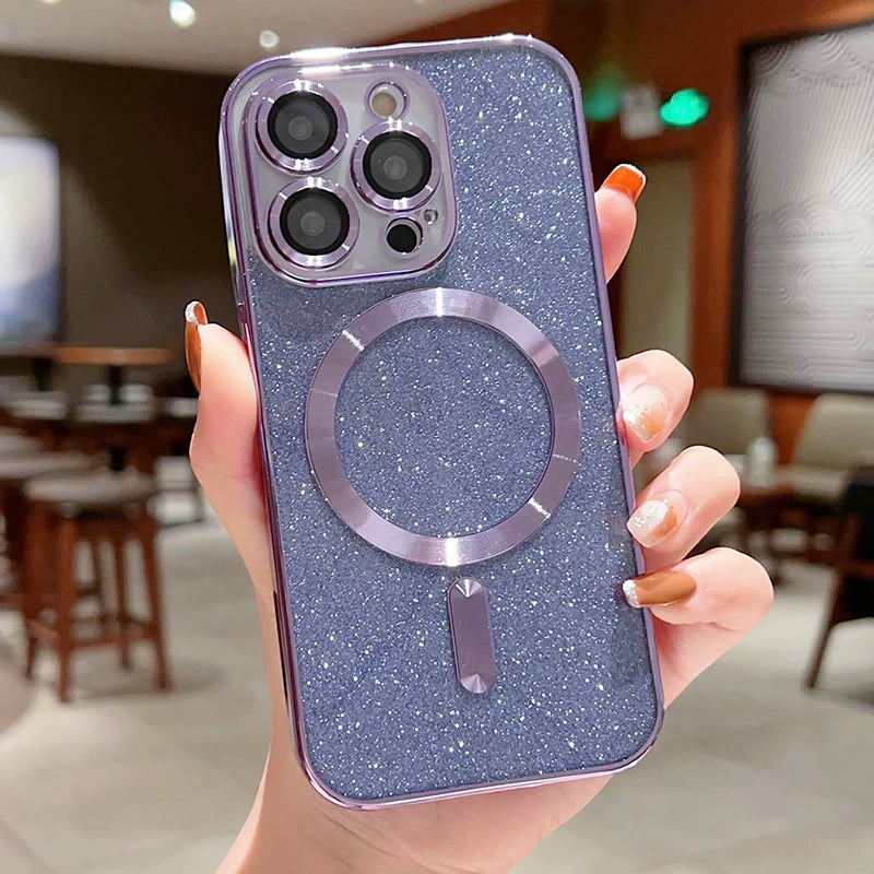 MagSafe Electroplate Lens Protector Case for iPhone 15/16 Pro Max - Wireless Charging Glitter Bumper