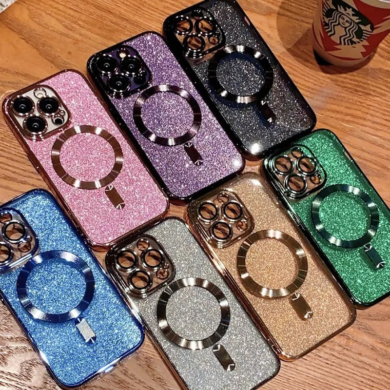 MagSafe Electroplate Lens Protector Case for iPhone 15/16 Pro Max - Wireless Charging Glitter Bumper