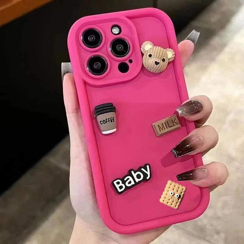 Aura Cute 3D Bear Coffee Cartoon Silicone Case For iPhone Cases Soft Matte Cover