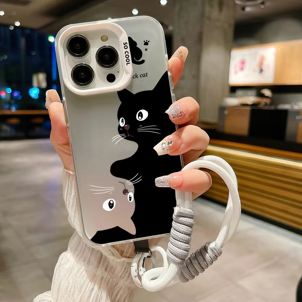 Aura Cute Cartoon Black Cat Electroplate Lanyard Strap Phone Case 