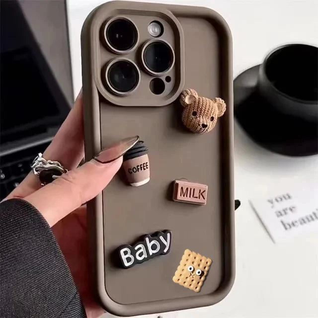 Aura Cute 3D Bear Coffee Cartoon Silicone Case For iPhone Cases Soft Matte Cover