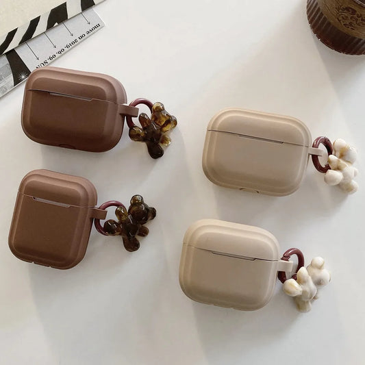 Aura Chocolate Khaki Case  Soft Silicone Earphone Cover for Awith Bear Keychain