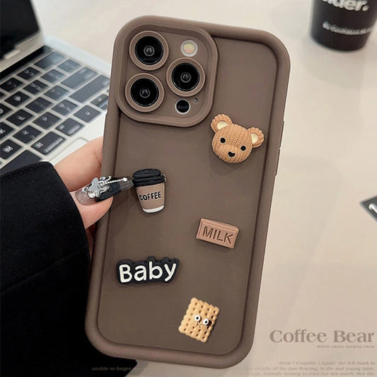 Aura Cute 3D Bear Coffee Cartoon Silicone Case For iPhone Cases Soft Matte Cover